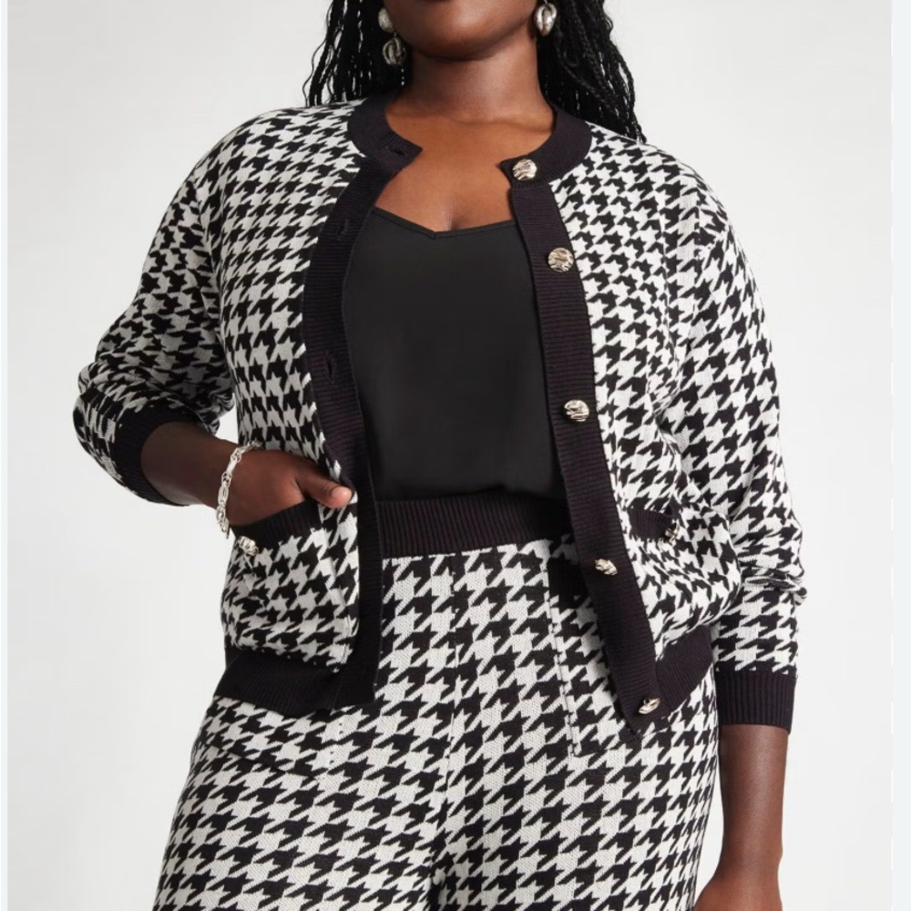 Houndstooth Black and White Women's Jacket and Pants Set - PLUS SIZE